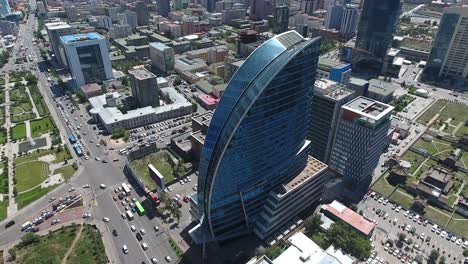 Aerial-drone-shot-of-a-glass-building-in-Ulaanbaatar-mongolia